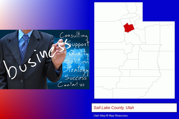typical business services and concepts; Salt Lake County, Utah highlighted in red on a map