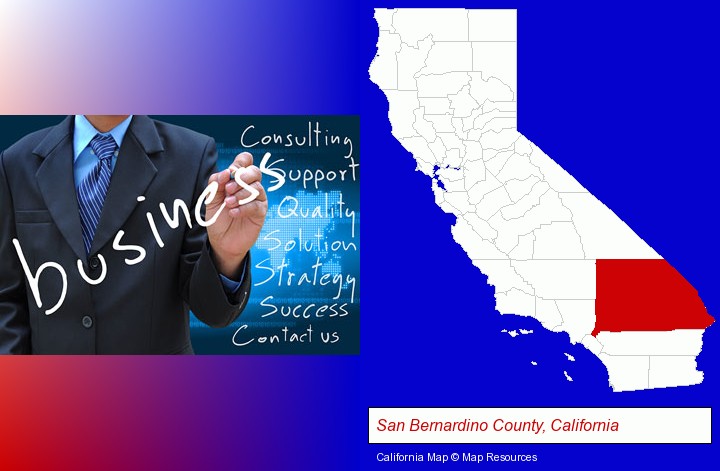 typical business services and concepts; San Bernardino County, California highlighted in red on a map