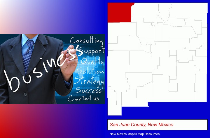 typical business services and concepts; San Juan County, New Mexico highlighted in red on a map
