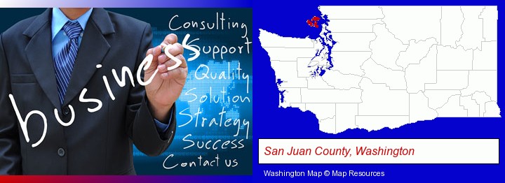typical business services and concepts; San Juan County, Washington highlighted in red on a map