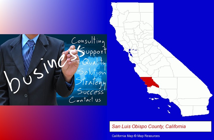 typical business services and concepts; San Luis Obispo County, California highlighted in red on a map
