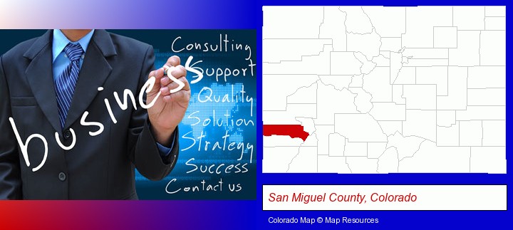 typical business services and concepts; San Miguel County, Colorado highlighted in red on a map
