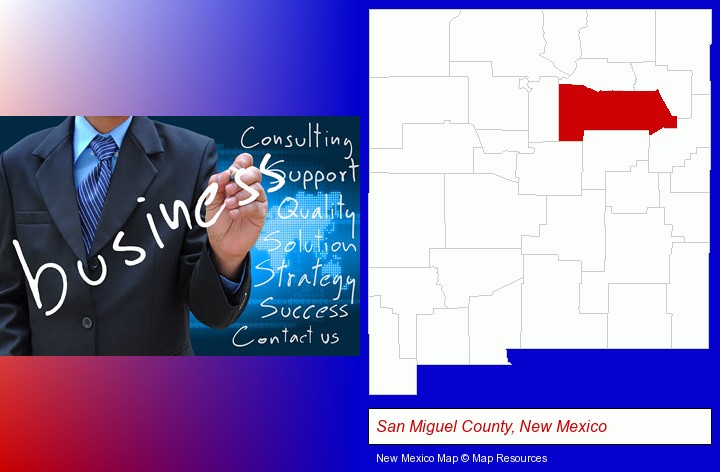 typical business services and concepts; San Miguel County, New Mexico highlighted in red on a map