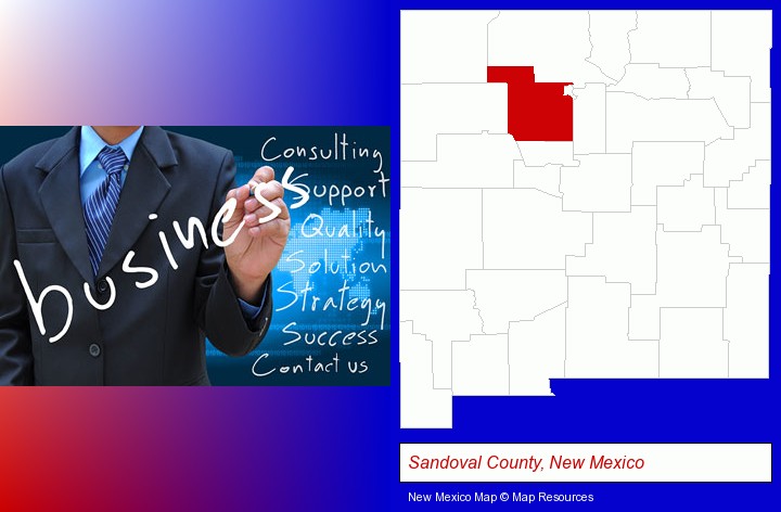 typical business services and concepts; Sandoval County, New Mexico highlighted in red on a map