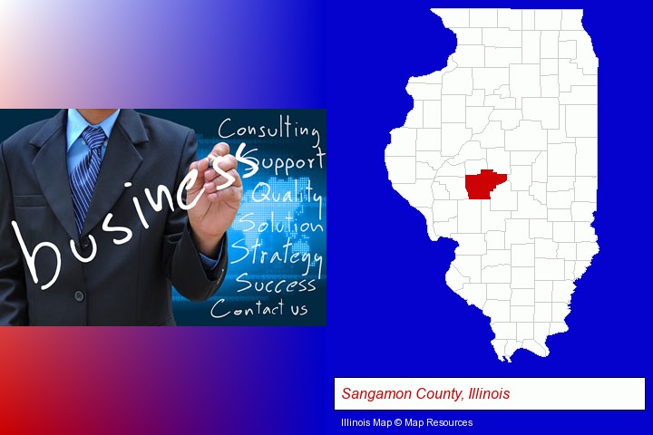 typical business services and concepts; Sangamon County, Illinois highlighted in red on a map