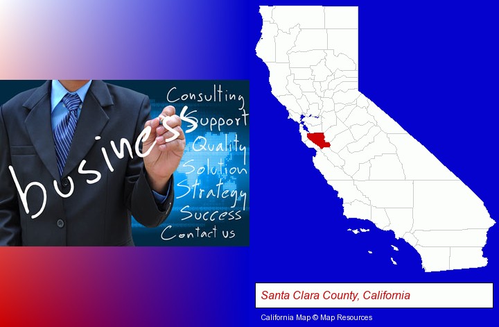 typical business services and concepts; Santa Clara County, California highlighted in red on a map