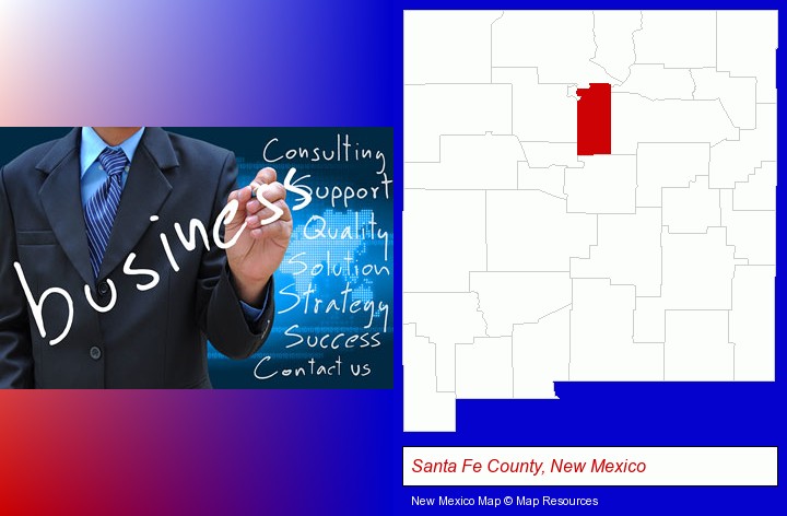 typical business services and concepts; Santa Fe County, New Mexico highlighted in red on a map