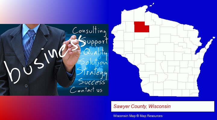 typical business services and concepts; Sawyer County, Wisconsin highlighted in red on a map
