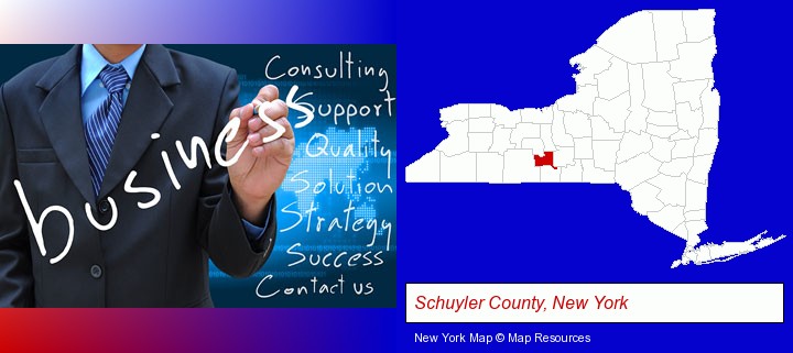 typical business services and concepts; Schuyler County, New York highlighted in red on a map