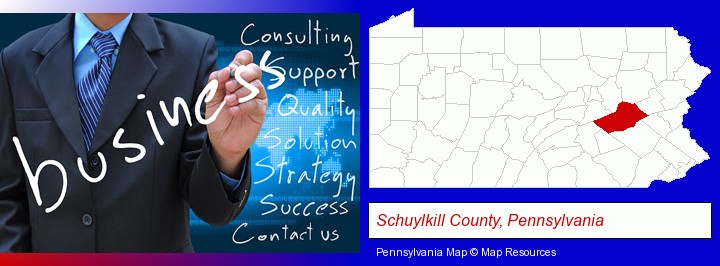 typical business services and concepts; Schuylkill County, Pennsylvania highlighted in red on a map