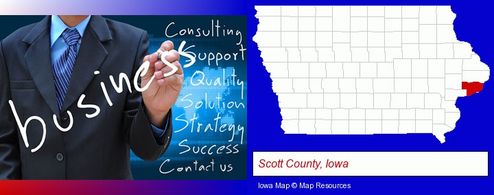 typical business services and concepts; Scott County, Iowa highlighted in red on a map