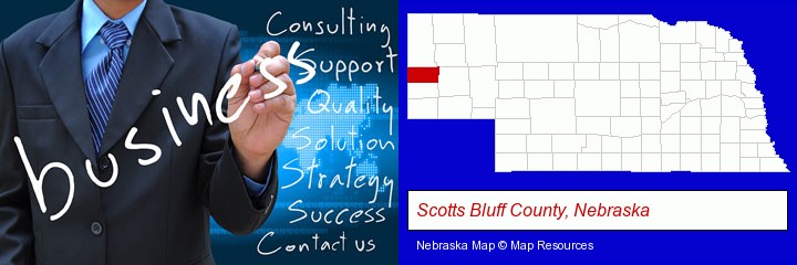 typical business services and concepts; Scotts Bluff County, Nebraska highlighted in red on a map