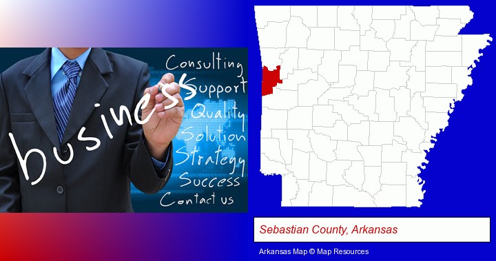 typical business services and concepts; Sebastian County, Arkansas highlighted in red on a map