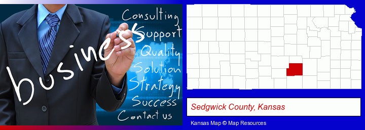 typical business services and concepts; Sedgwick County, Kansas highlighted in red on a map