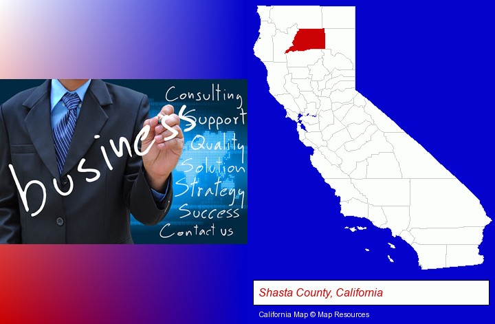 typical business services and concepts; Shasta County, California highlighted in red on a map