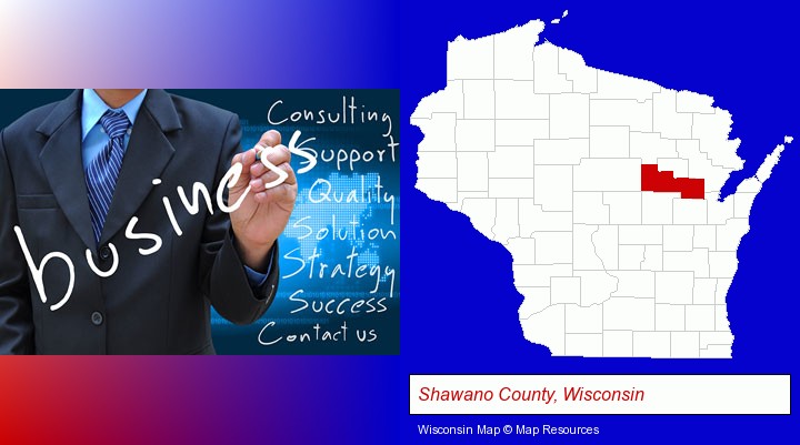 typical business services and concepts; Shawano County, Wisconsin highlighted in red on a map