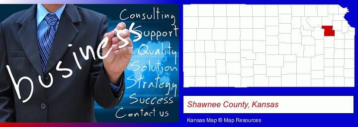 typical business services and concepts; Shawnee County, Kansas highlighted in red on a map