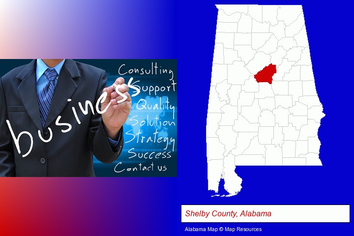 typical business services and concepts; Shelby County, Alabama highlighted in red on a map