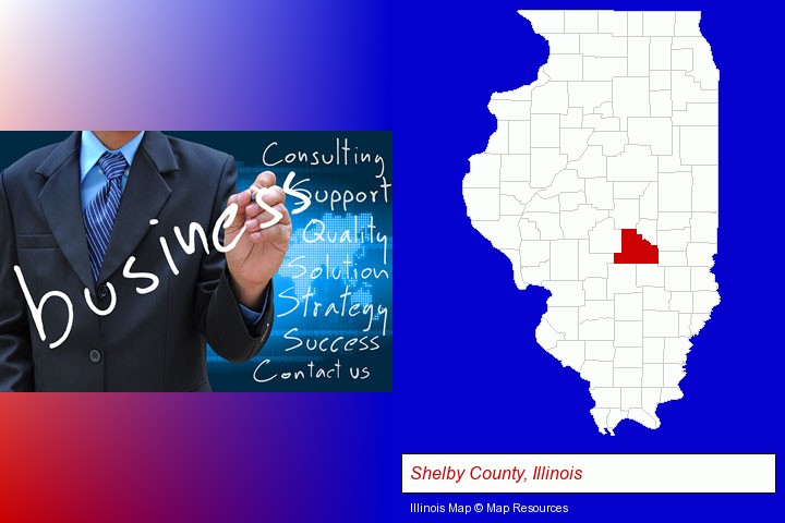 typical business services and concepts; Shelby County, Illinois highlighted in red on a map