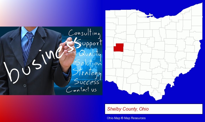 typical business services and concepts; Shelby County, Ohio highlighted in red on a map