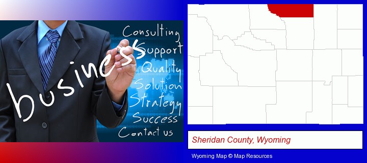 typical business services and concepts; Sheridan County, Wyoming highlighted in red on a map