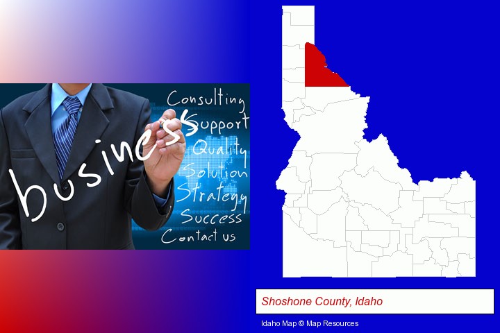 typical business services and concepts; Shoshone County, Idaho highlighted in red on a map