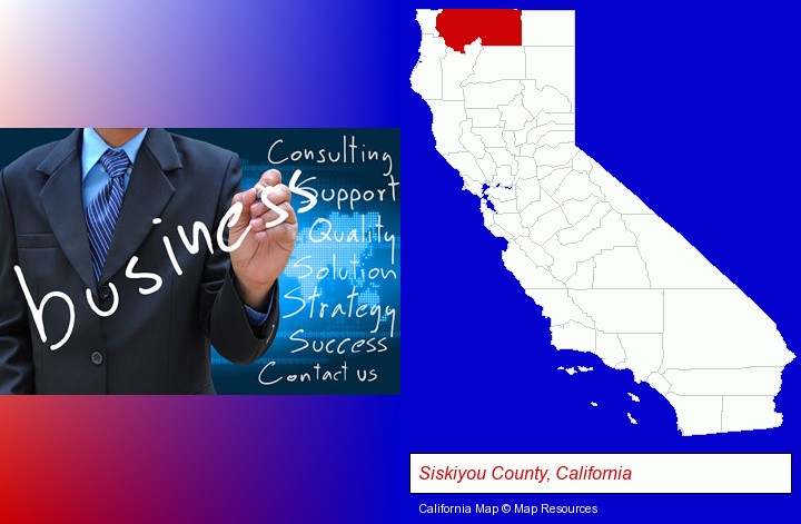 typical business services and concepts; Siskiyou County, California highlighted in red on a map