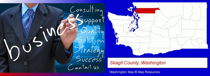 typical business services and concepts; Skagit County, Washington highlighted in red on a map