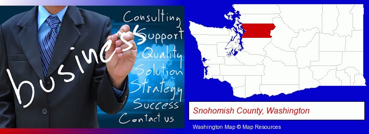 typical business services and concepts; Snohomish County, Washington highlighted in red on a map