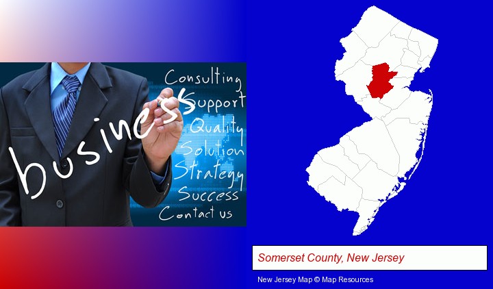 typical business services and concepts; Somerset County, New Jersey highlighted in red on a map