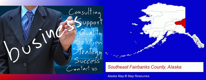 typical business services and concepts; Southeast Fairbanks County, Alaska highlighted in red on a map