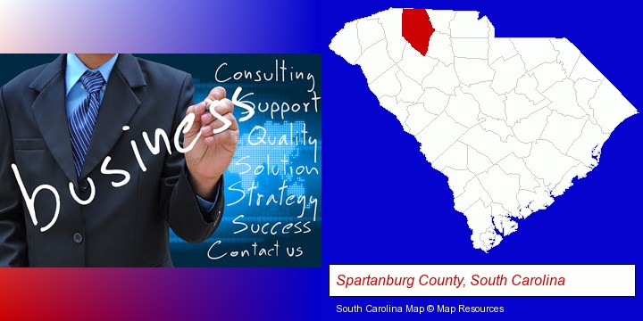 typical business services and concepts; Spartanburg County, South Carolina highlighted in red on a map