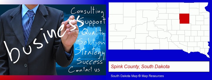 typical business services and concepts; Spink County, South Dakota highlighted in red on a map