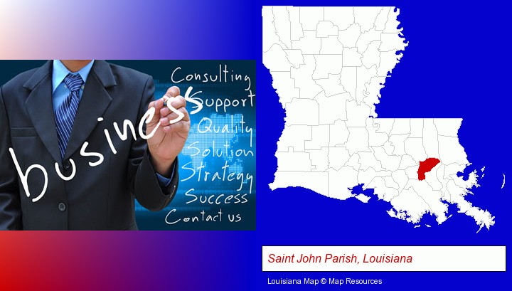 typical business services and concepts; Saint John Parish, Louisiana highlighted in red on a map