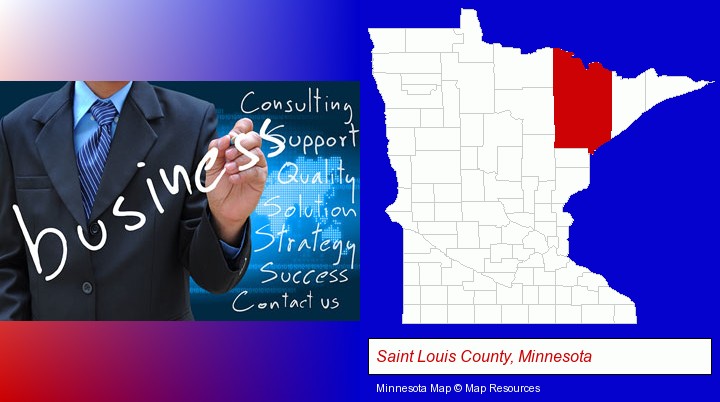 typical business services and concepts; Saint Louis County, Minnesota highlighted in red on a map