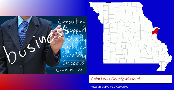 typical business services and concepts; Saint Louis County, Missouri highlighted in red on a map
