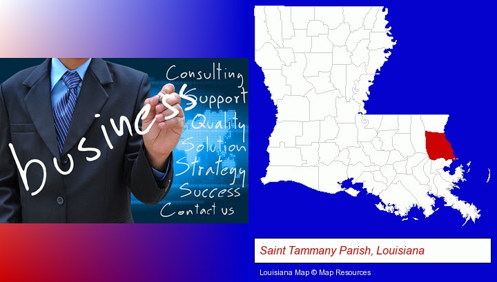 typical business services and concepts; Saint Tammany Parish, Louisiana highlighted in red on a map