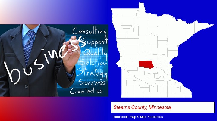 typical business services and concepts; Stearns County, Minnesota highlighted in red on a map