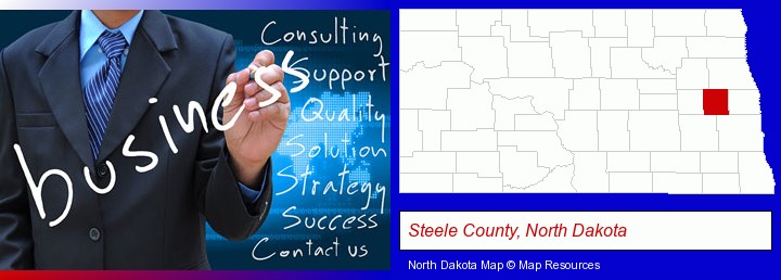 typical business services and concepts; Steele County, North Dakota highlighted in red on a map