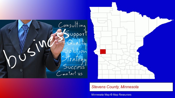 typical business services and concepts; Stevens County, Minnesota highlighted in red on a map