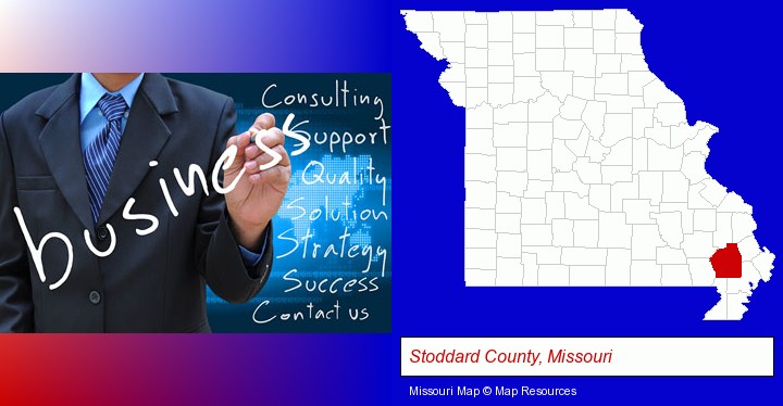 typical business services and concepts; Stoddard County, Missouri highlighted in red on a map