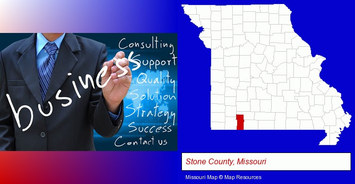 typical business services and concepts; Stone County, Missouri highlighted in red on a map