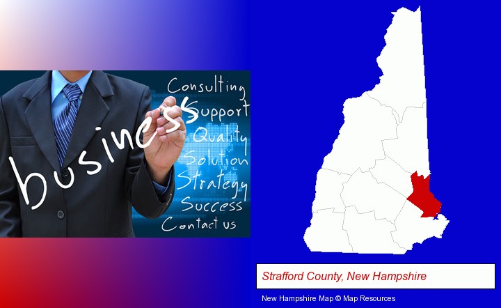 typical business services and concepts; Strafford County, New Hampshire highlighted in red on a map