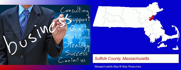 typical business services and concepts; Suffolk County, Massachusetts highlighted in red on a map