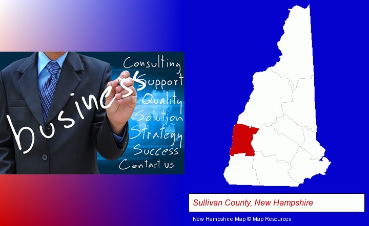 typical business services and concepts; Sullivan County, New Hampshire highlighted in red on a map