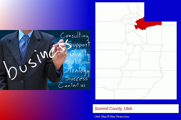 typical business services and concepts; Summit County, Utah highlighted in red on a map