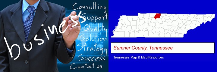 typical business services and concepts; Sumner County, Tennessee highlighted in red on a map