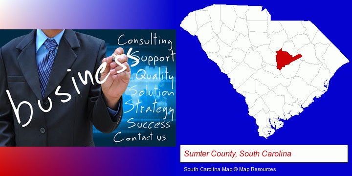 typical business services and concepts; Sumter County, South Carolina highlighted in red on a map