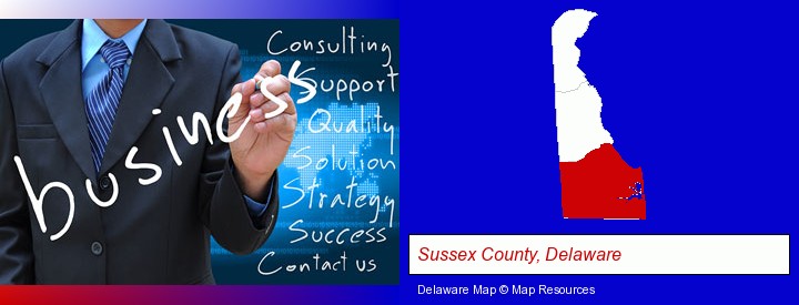 typical business services and concepts; Sussex County, Delaware highlighted in red on a map