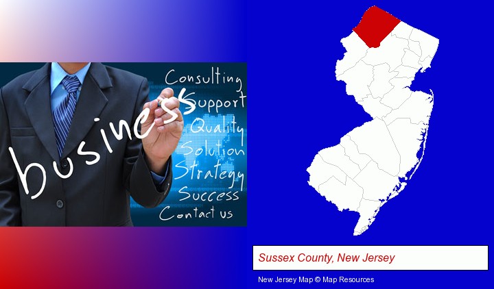 typical business services and concepts; Sussex County, New Jersey highlighted in red on a map